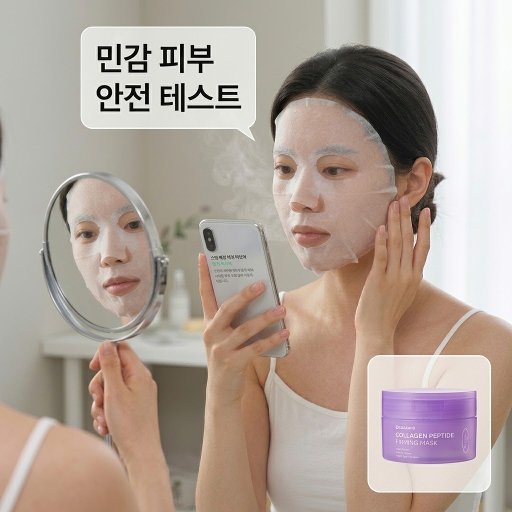 편안한 스킨케어 공간. 두 개의 사람 손 중 한 손은 이미 에센스가 촉촉하게 발라진 볼 위에 흰색의 얇은 시트팩을 조심스럽게 얹어 밀착시키고 있고, 다른 한 손은 팩이 닿는 턱선 부위의 피부 반응을 가볍게 살피고 있다. 배경에는 계량컵 없는 깨끗한 투명 유리 믹싱 볼이 놓여 있다.