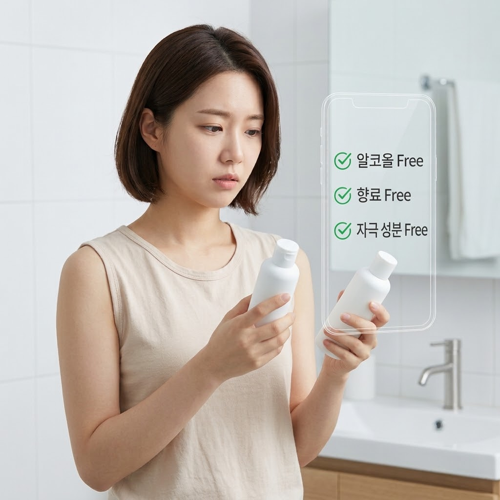 두 개의 단순해 보이는 화장품 용기를 들고 성분표를 꼼꼼히 비교하며 '알코올', '향료', '자극 성분'을 체크하는 젊은 한국 여성의 극사실주의 이미지. 투명한 스마트폰 UI 프레임(분석 프레임)이 오버레이되어 '알코올 Free', '향료 Free', '자극 성분 Free' 한글 키워드와 녹색 통과 그래픽이 표시됨.