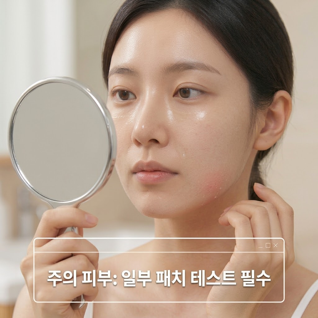 편안한 조명의 파우더룸. 두 개의 사람 손 중 한 손은 턱선 가장자리에 아주 적은 양의 랩핑 마스크 제형을 발라 국소 부위 테스트를 진행하고 있고, 다른 한 손은 피부 상태를 확인하기 위해 작은 손거울을 들고 있다. 화장대 한편에는 계량컵 없는 매끄러운 유리 믹싱 볼이 단정하게 배치되어 있다.