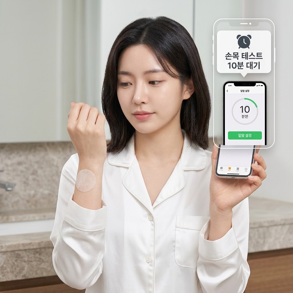 이미지 30의 동일 한국인 여성이 동일 스튜디오 욕실에서 왼쪽 손목 안쪽에 마스크팩 테스트 조각을 도포하고 10분 타이머가 켜진 스마트폰을 들고 대기하는 모습을 담은 극사실주의 이미지. '손목 테스트', '10분 대기' 한글 키워드 UI 그래픽 포함.