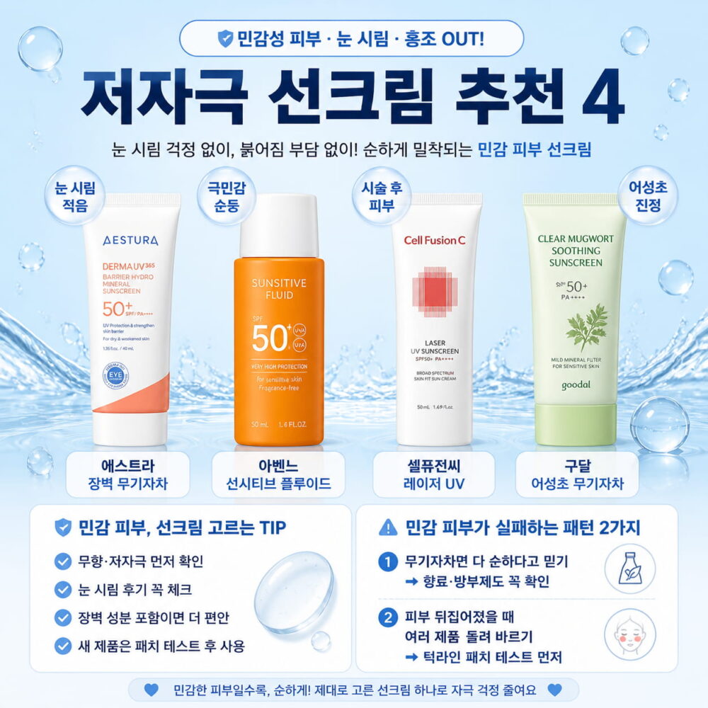 민감성 피부를 위한 저자극 선크림 추천 4종을 정리한 정사각형 인포그래픽 이미지. 에스트라, 아벤느, 셀퓨전씨, 구달 계열의 선크림이 나란히 배치되어 있고, 눈 시림 적음, 극민감 순둥, 시술 후 피부, 어성초 진정 같은 특징과 민감 피부용 선택 팁이 함께 정리되어 있다.