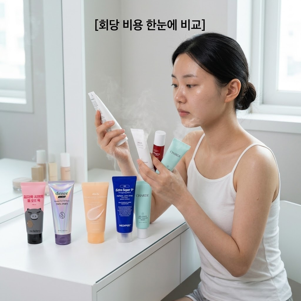 밝고 청결한 화장대 위에 세 개의 투명한 유리 볼이 놓여 있고, 각각 10ml 정량의 다이소(시멘트 제형), 올리브영(콜라겐 백색 제형), 프리미엄(꾸덕한 크림 제형) 필오프팩 내용물이 담겨 있다. 두 개의 사람 손 중 한 손은 스마트폰을 들고 있으며, 화면에는 세 가지 유형의 회당 단가 비교 바 차트가 띄워져 있다. 다른 한 손은 유리 볼 앞의 제품 튜브를 가리키고 있다. 배경에는 계량컵 없는 깨끗한 믹싱 볼이 정돈되어 놓여 있다. 자연스러운 창가 햇살 조명.