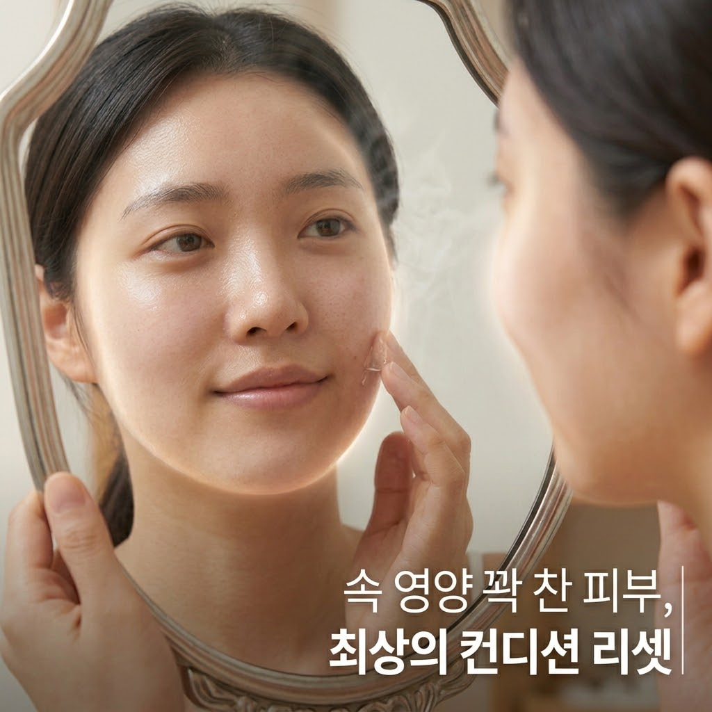 산뜻한 자연광이 비치는 세면대 앞. 맑은 투명 유리 소재의 '계량컵 없는 믹싱 볼'이 뒤편으로 은은하게 보이고, "두 개의 사람 손"이 팩 제거 후 겉돌던 크림과 앰플이 모두 속으로 쏙 흡수되어 겉은 매끄럽고 속은 영양으로 꽉 차오른 맑은 볼 피부를 손끝으로 살며시 감싸 쥐며 완벽하게 리셋된 최상의 컨디션을 만끽하는 만족스러운 애프터 케어 액션.