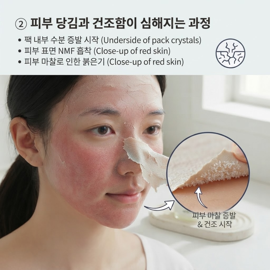 모델링팩을 오래 방치했을 때 붉은기 및 자극 등 모델링팩 부작용이 발생하는 과정.