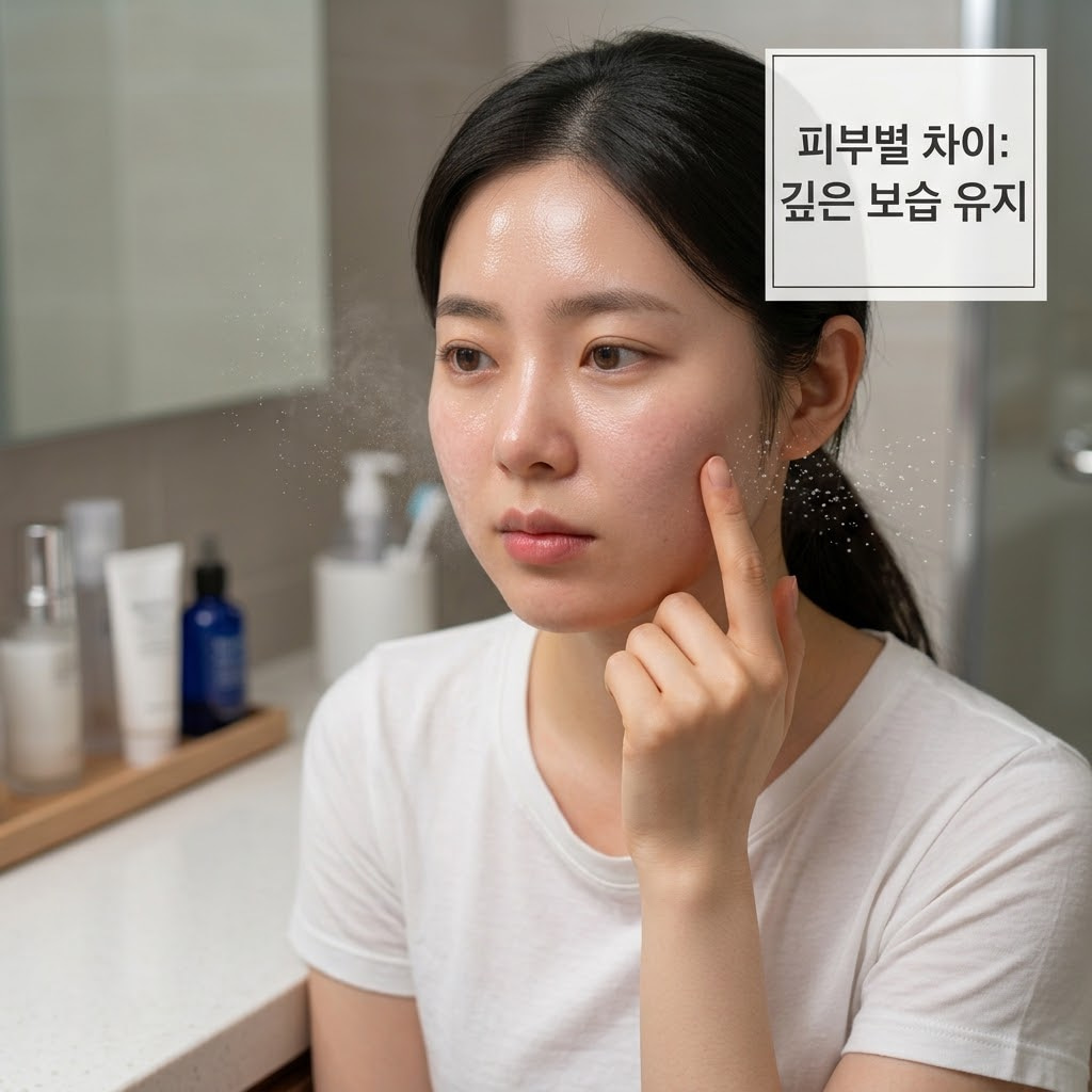 깔끔한 화장품 진열대 앞. 차가운 스테인리스 소재의 '계량컵 없는 믹싱 볼'에 가벼운 수분 젤 크림이 살짝 덜어져 대기 중이고, "두 개의 사람 손"이 지성 피부의 빠른 유분 분비와 보습 유지력 차이를 고려하여 묵직한 크림 대신 가벼운 수분 젤을 손끝에 덜어내어 산뜻하게 펴 바를 준비를 하는 맞춤형 스킨케어 액션.