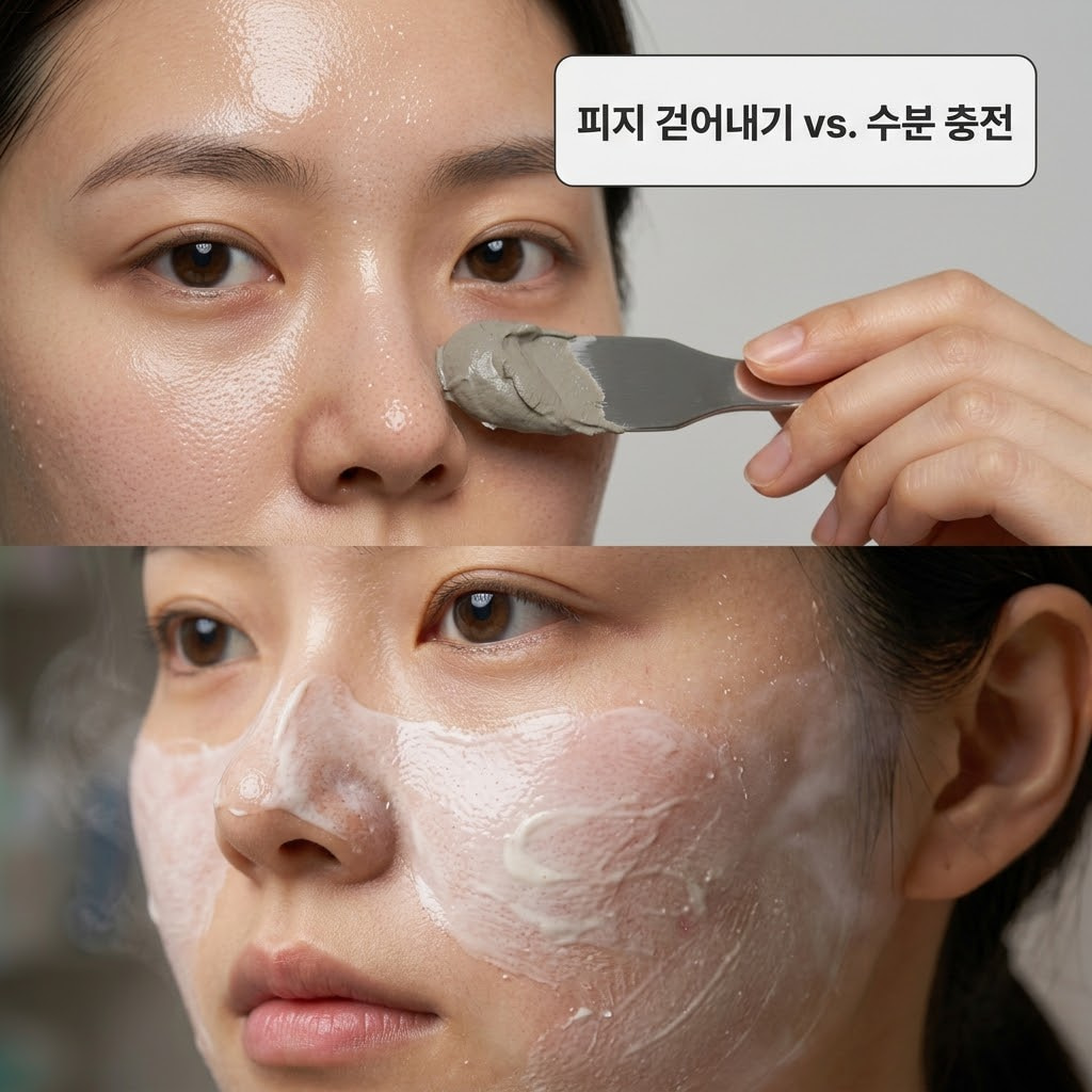 전문가 무드의 스킨케어 테이블 위. 맑은 투명 유리 소재의 '계량컵 없는 믹싱 볼'에 피지 흡착용 필오프팩과 촉촉한 진정용 워시오프팩이 반반씩 나뉘어 담겨 있고, "두 개의 사람 손"이 스패출러를 쥔 채 거울에 비친 번들거리는 T존(유분 정돈 목적)과 건조한 U존(진정 목적)을 번갈아 가리키며 오늘 피부 컨디션에 딱 맞는 제형을 신중하게 선택하는 전문가의 능동적인 상황 묘사.