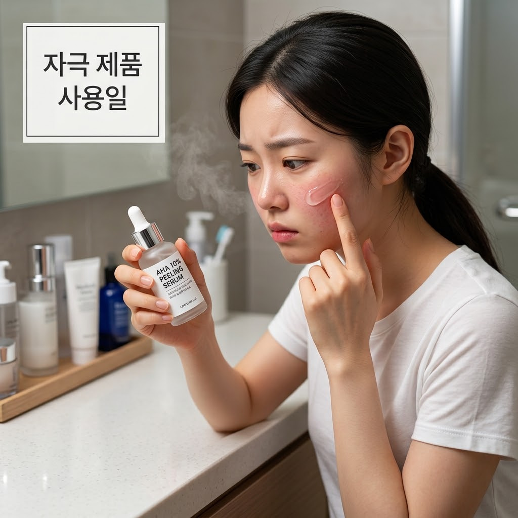 차분한 조명의 화장대 위. 맑은 투명 유리 소재의 '계량컵 없는 믹싱 볼'에 순한 수분 진정 토너가 담겨 대기 중이고, "두 개의 사람 손" 중 한 손은 피부에 레티놀 앰플을 펴 바른 뒤, 다른 한 손은 자극이 겹치는 것을 막기 위해 랩핑 마스크팩 튜브를 단호하게 멀리 밀어내며 사용을 멈추는 상황 묘사.
