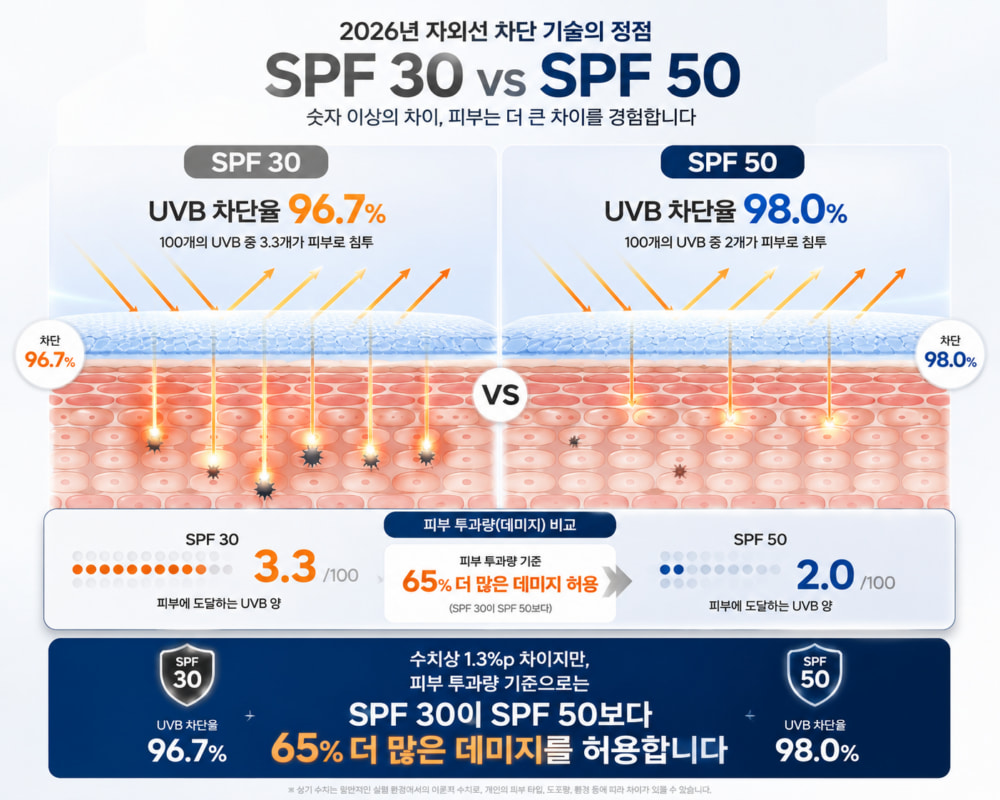 SPF30은 자외선의 96.7%를, SPF50은 98%를 차단한다는 SPF30 SPF50 차이 비교 그래프 이미지.