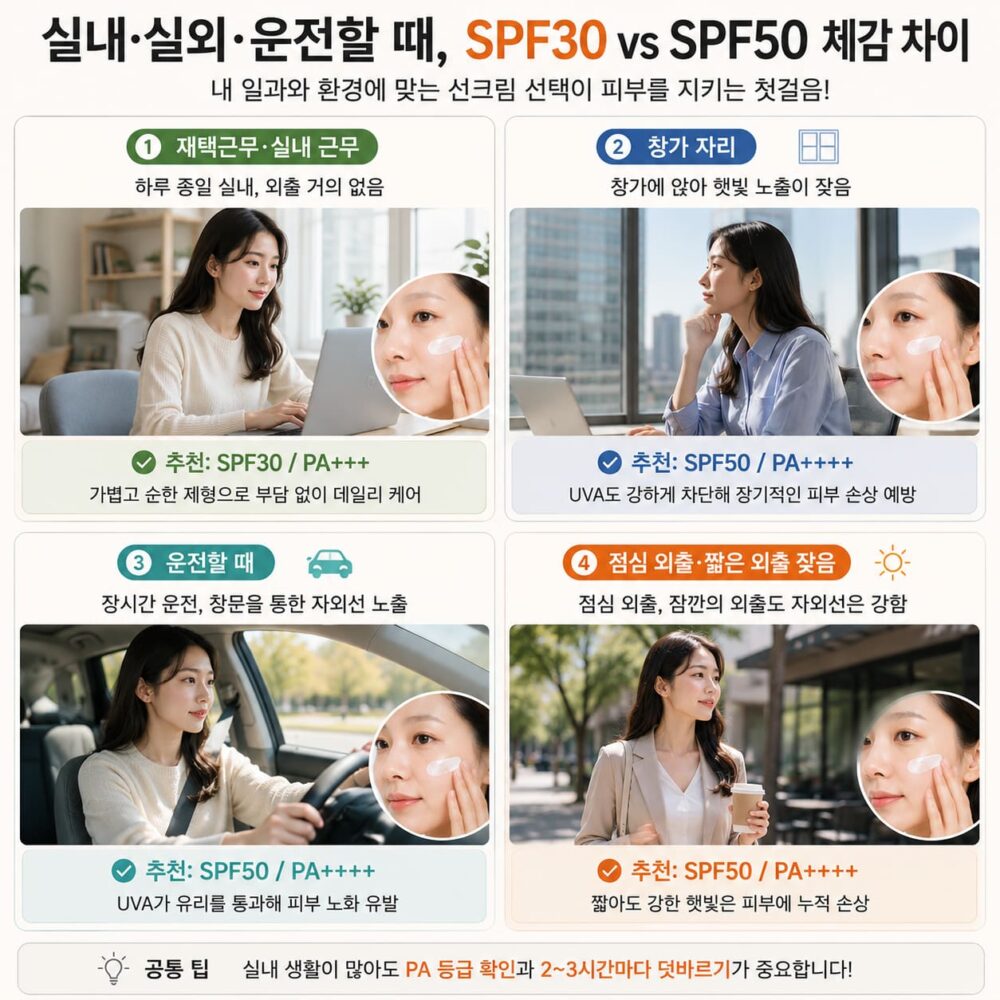 SPF30 SPF50 차이를 재택근무, 창가 근무, 운전, 점심 외출 4가지 상황으로 비교한 이미지로 실내와 야외 환경에 맞는 선크림 선택 기준을 보여주는 인포그래픽