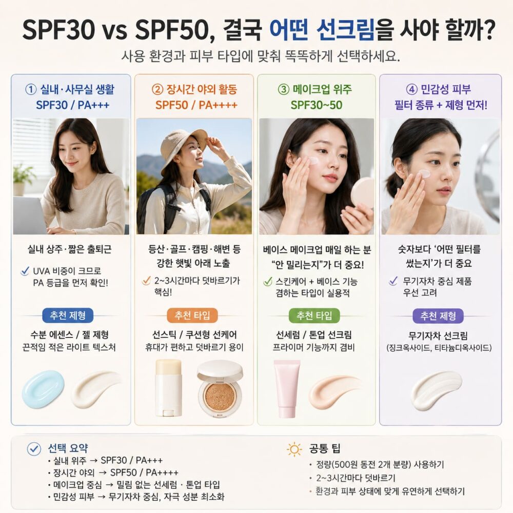 SPF30 SPF50 차이를 피부 타입과 생활 패턴별로 비교한 이미지로 실내 생활, 야외 활동, 메이크업, 민감성 피부에 맞는 선크림 선택 기준을 한눈에 보여주는 인포그래픽