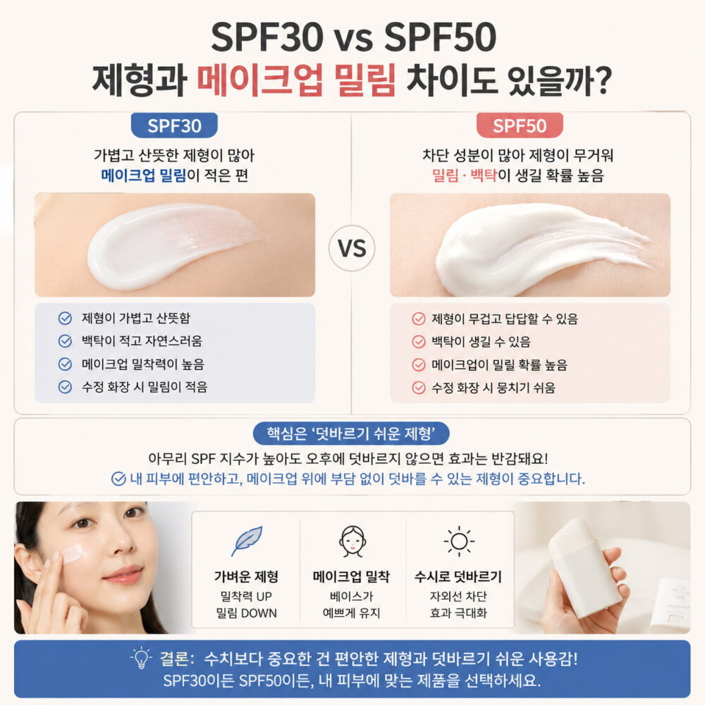 SPF30 SPF50 차이를 비교한 이미지로 선크림 제형의 무게감, 메이크업 밀림, 백탁 발생 가능성과 덧바르기 편한 제형의 중요성을 설명한 인포그래픽