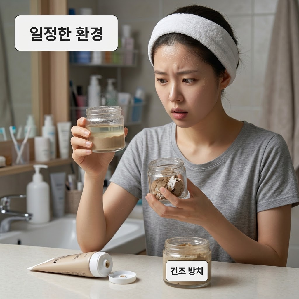 창가 쪽에 위치해 햇빛이 들고 다소 습한 화장대 위. 맑은 투명 유리 소재의 '계량컵 없는 믹싱 볼' 안쪽에 보관 환경이 맞지 않아 수분과 내용물이 분리되고 몽글몽글하게 덩어리져버린 변질된 팩 제형이 담겨 있고, "두 개의 사람 손"이 스패출러를 들고 뭉쳐버린 팩을 이리저리 저어보며 당황스러운 질감 변화를 확인하는 모습.