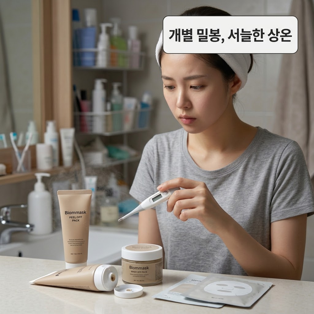 깔끔하게 정돈된 화장대 선반 위. 맑은 투명 유리 소재의 '계량컵 없는 믹싱 볼'이 한쪽에 자연스러운 스킨케어 소품으로 놓여 있고, "두 개의 사람 손"이 필오프팩 튜브와 시트마스크 패키지를 나란히 서늘한 상온 환경의 수납 칸에 가지런히 정리하여 배치하는 단정한 보관 액션.