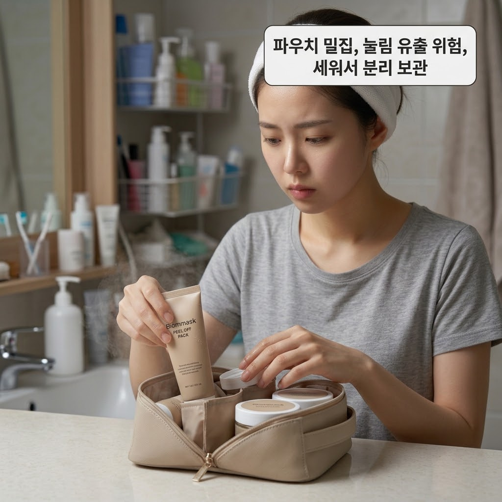 화장품들이 수납된 뷰티 파우치 앞. 맑은 투명 유리 소재의 '계량컵 없는 믹싱 볼'이 뒤쪽 화장대 배경에 단정하게 배치되어 있고, "두 개의 사람 손"이 파우치 안에서 무거운 크림통을 피해 필오프팩 튜브형 용기를 다른 화장품에 눌리지 않도록 세워서 단독 공간에 조심스럽게 분리해 주는 세심한 수납 액션.