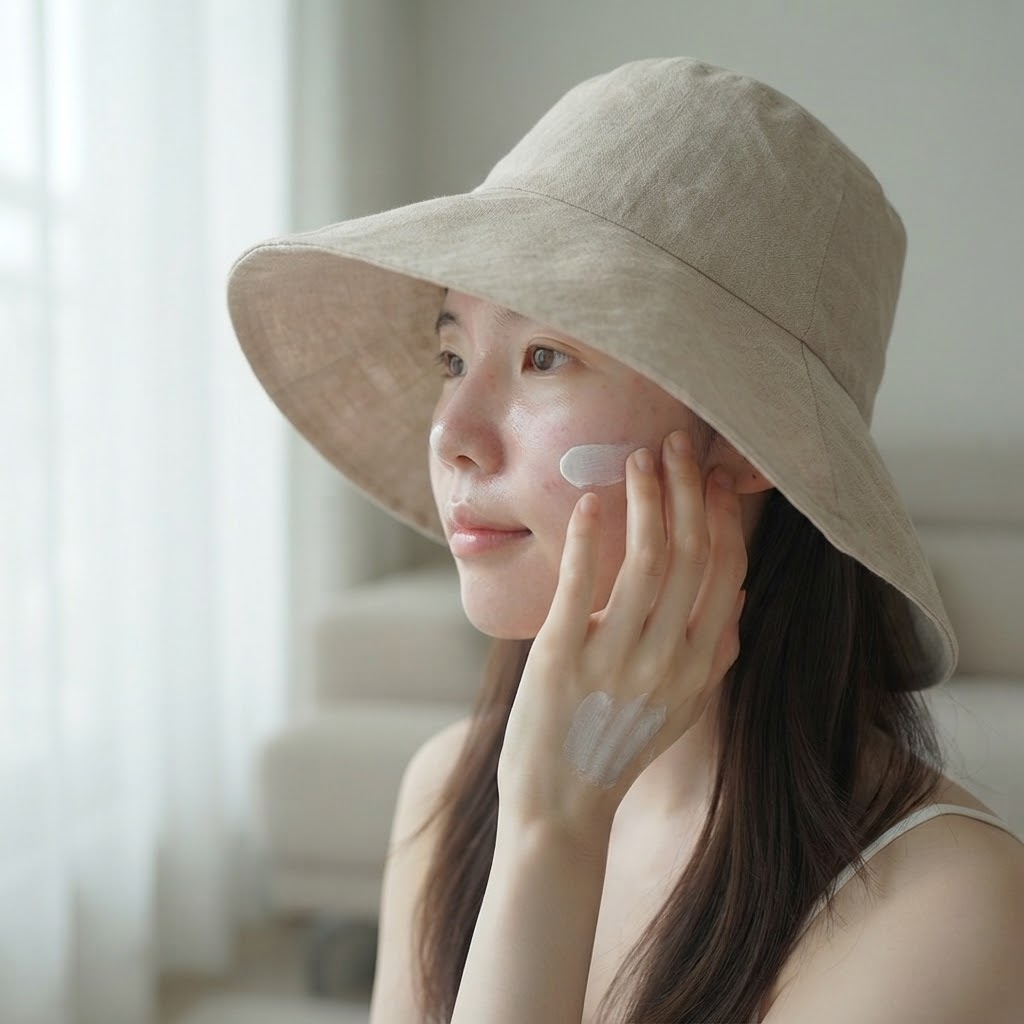 레티놀 사용 후 붉은기가 남은 피부를 보호하기 위해 자외선 차단제를 바르고 챙 넓은 모자를 착용한 여성의 모습