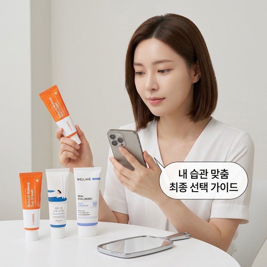 파데프리족을 위한 아이레놀 쌩얼크림의 톤업 제형과 풀 메이크업을 위한 라운드랩, 웰라쥬의 투명 제형 특징을 비교하는 선크림 구매 가이드
