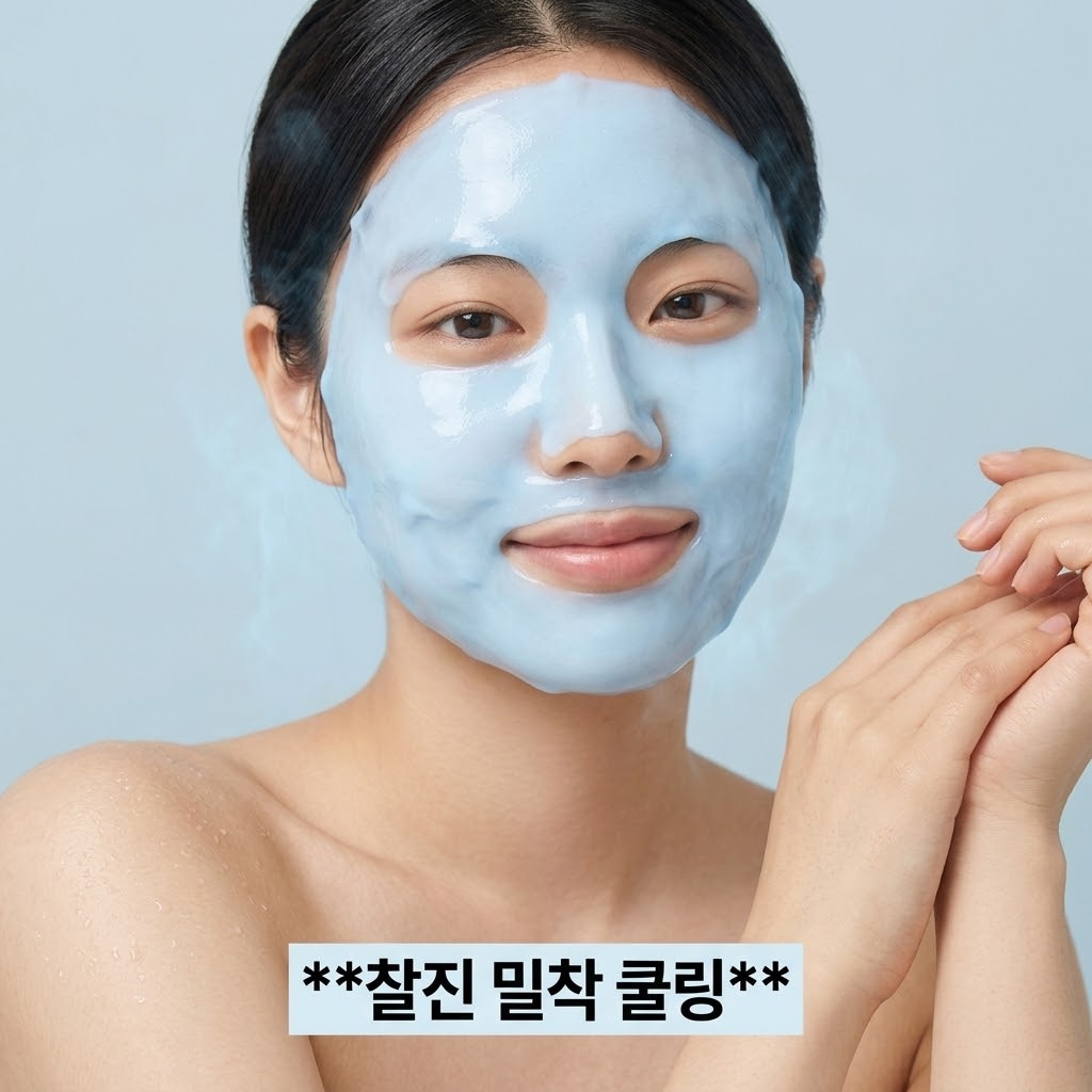 피부 윤곽에 완벽하게 밀착되는 쿨링 고무막 여성의 볼과 턱선 등 굴곡진 부위에 찰진 고무처럼 완벽하게 밀착된 하늘색 토리든 모델링 마스크 클로즈업 사진. 두 개의 사람 손이 팩 가장자리를 부드럽게 짚어주며 들뜸 없는 밀착력을 보여주고, 팩 표면에 촉촉한 수분감이 맺혀 있어 즉각적인 쿨링 효과를 시각적으로 연출함. 흐릿한 배경의 믹싱 볼은 계량컵 없이 깨끗하게 비워진 상태임.