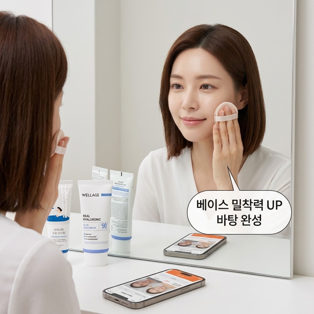 하얀 잔여물 없이 투명하게 스며들어 메이크업 밀착력을 높여주는 라운드랩 자작나무 수분 선크림과 웰라쥬 리얼 히알루로닉 블루 선크림의 촉촉한 수분 제형
