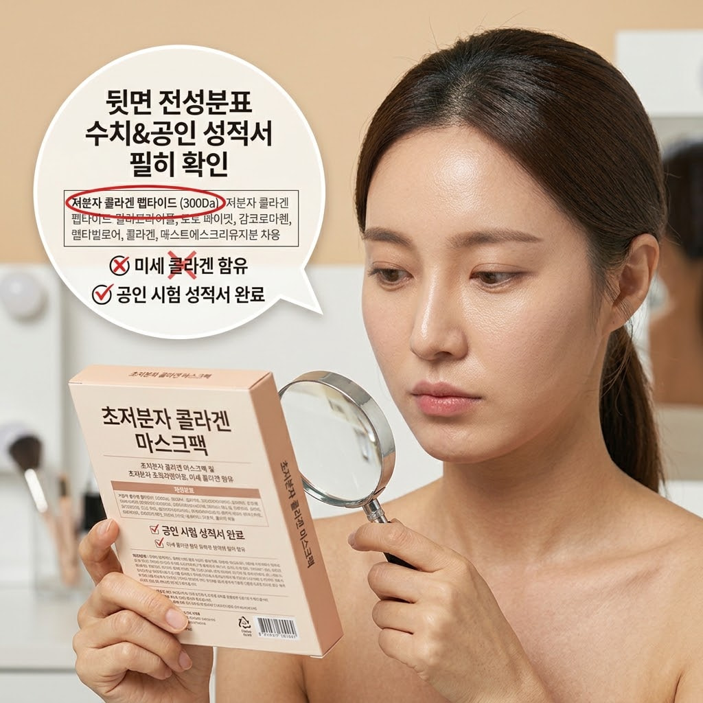 화장품 단상자 뒷면의 전성분표와 상세 페이지의 공인 시험 성적서에서 정확한 달톤(Da) 수치 표기를 돋보기로 확대해 확인하는 모습