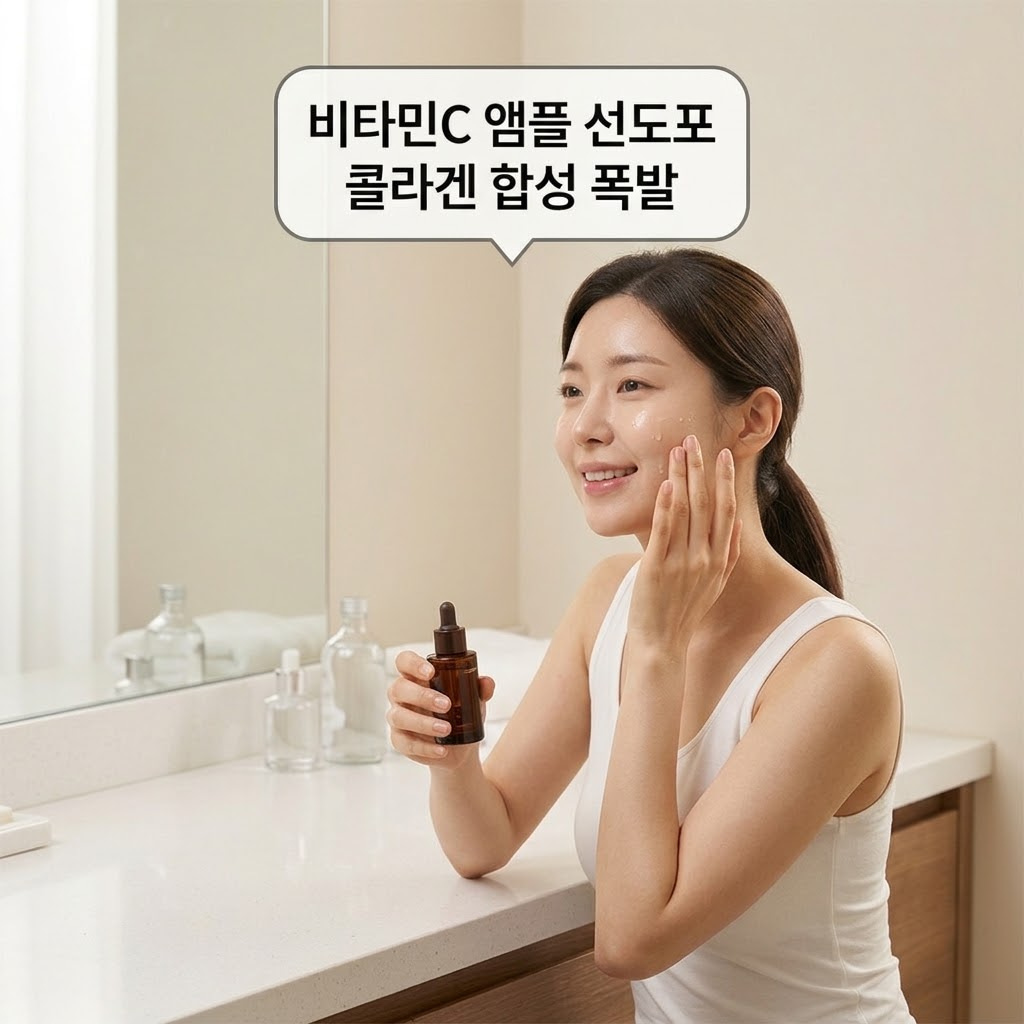 콜라겐 마스크팩을 올리기 전 고농축 순수 비타민C 앰플을 피부에 얇게 베이스로 도포하여, 콜라겐 단백질의 결합을 돕고 미백과 탄력 시너지를 일으키는 모습