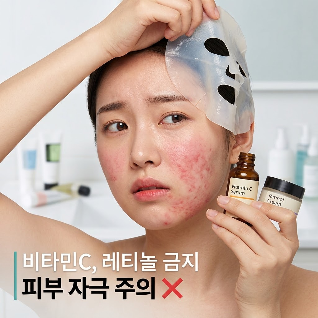 아하 바하(AHA/BHA) 각질 제거 직후 방어막이 무너진 피부 위에 두꺼운 콜라겐 겔 마스크를 부착하여 피부가 감당하지 못하고 벌겋게 부어오르는 극심한 자극 부작용