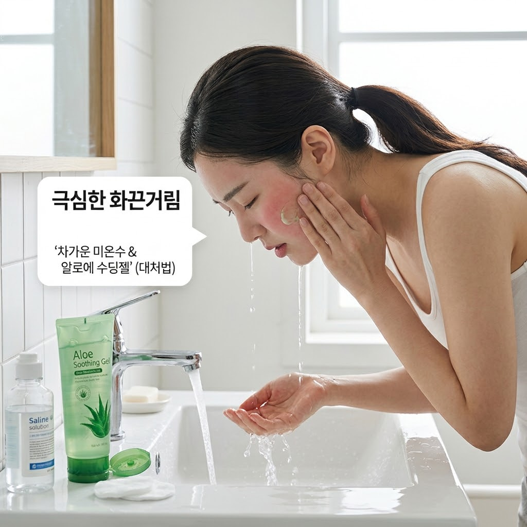 워시오프팩 부작용으로 피부 화끈거림과 따가움이 발생해 즉시 세안하는 응급 대처 방법을 설명하는 이미지