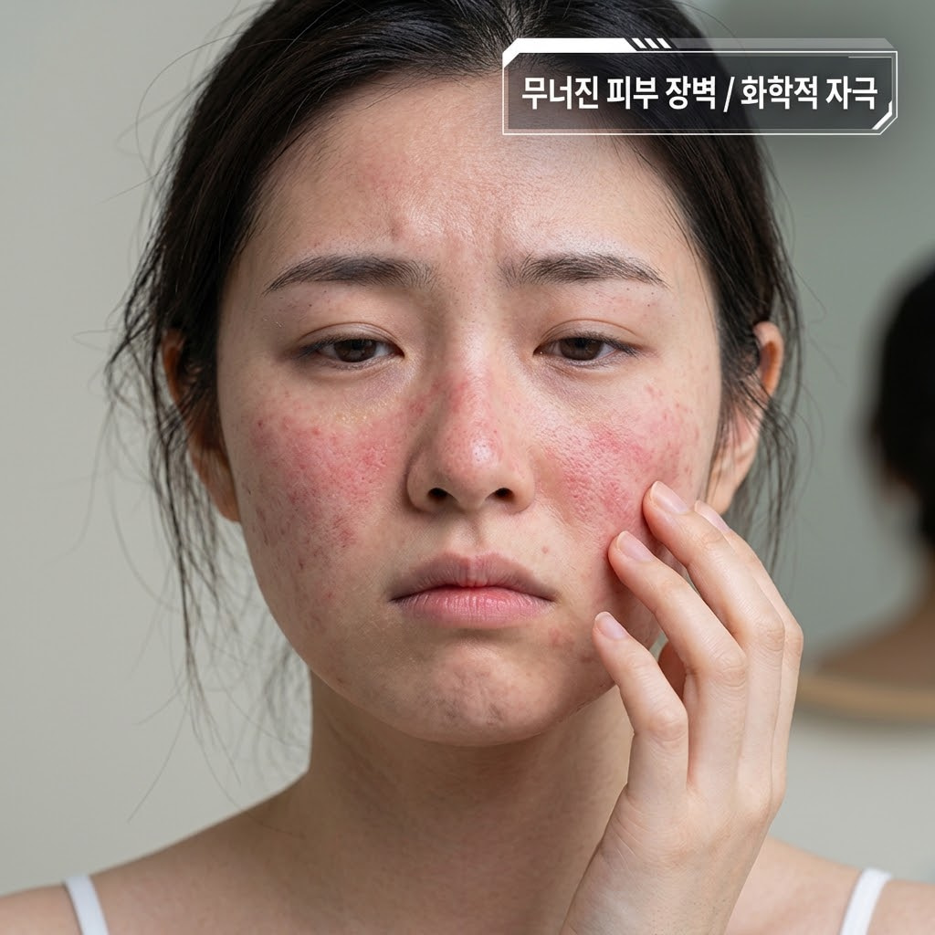 피부 장벽이 약해진 상태에서 워시오프팩 부작용으로 붉은기와 따가움이 발생하는 모습을 표현한 이미지