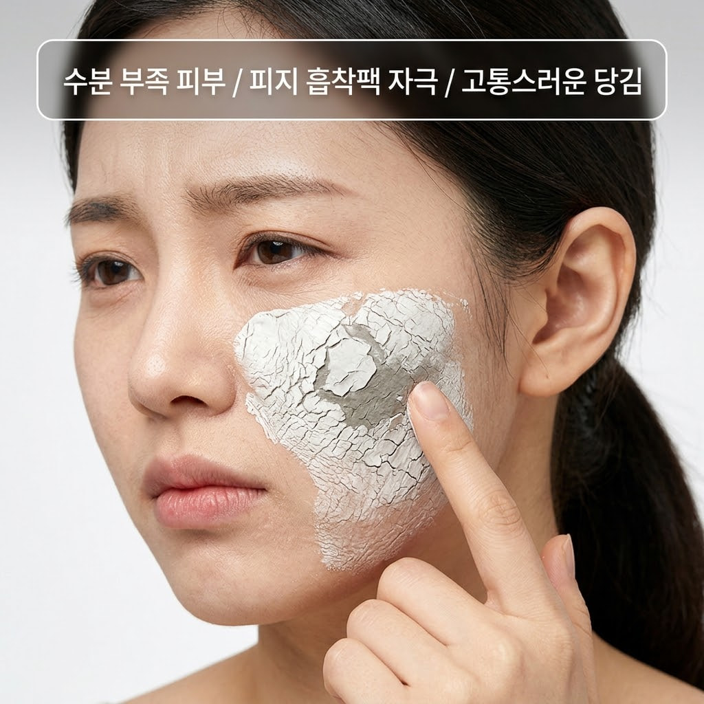 건성 피부에서 워시오프팩 부작용으로 피부 수분이 빠져나가 속당김과 건조함이 심해지는 원리를 설명하는 이미지