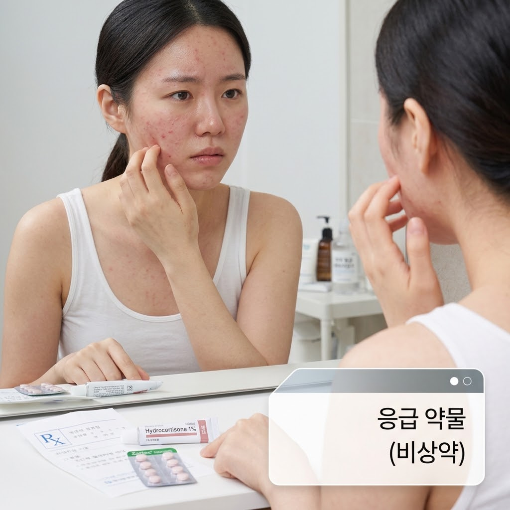 워시오프팩 부작용으로 좁쌀 여드름과 염증이 생긴 피부를 거울로 확인하며 항히스타민제와 연고 등 비상약을 준비하는 모습