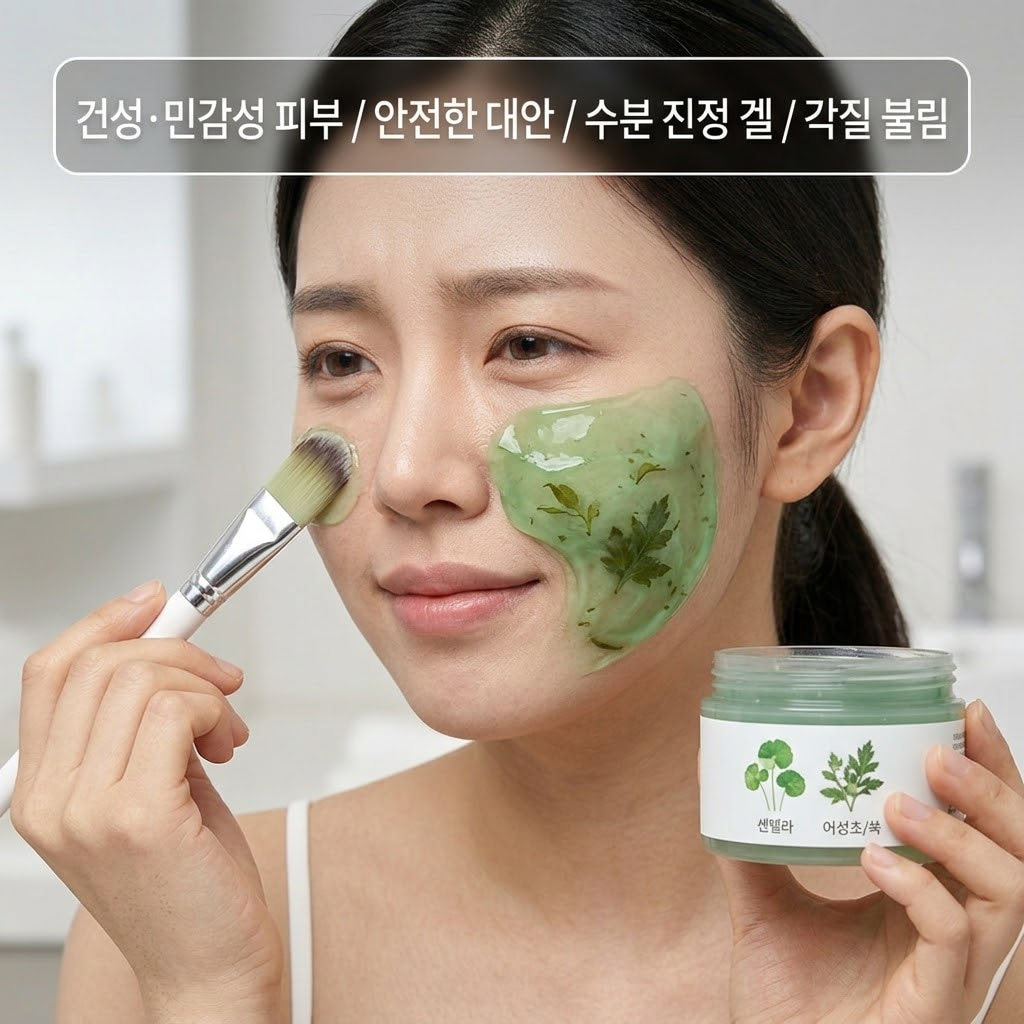 건성·민감성 피부를 위한 저자극 수분 겔팩과 크림팩 선택 기준을 설명하는 이미지