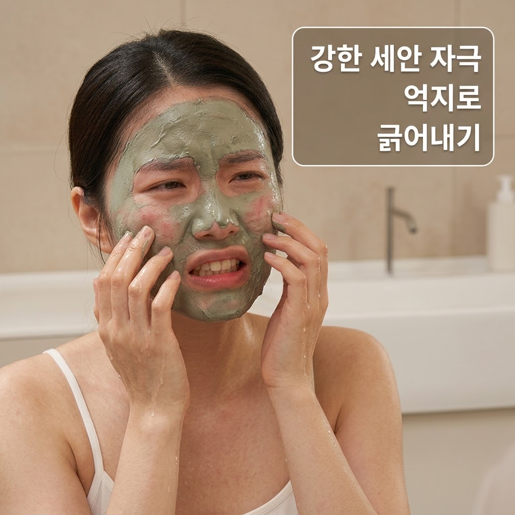 워시오프팩 부작용으로 굳은 팩을 강하게 문질러 제거해 피부 자극이 발생하는 모습을 표현한 이미지