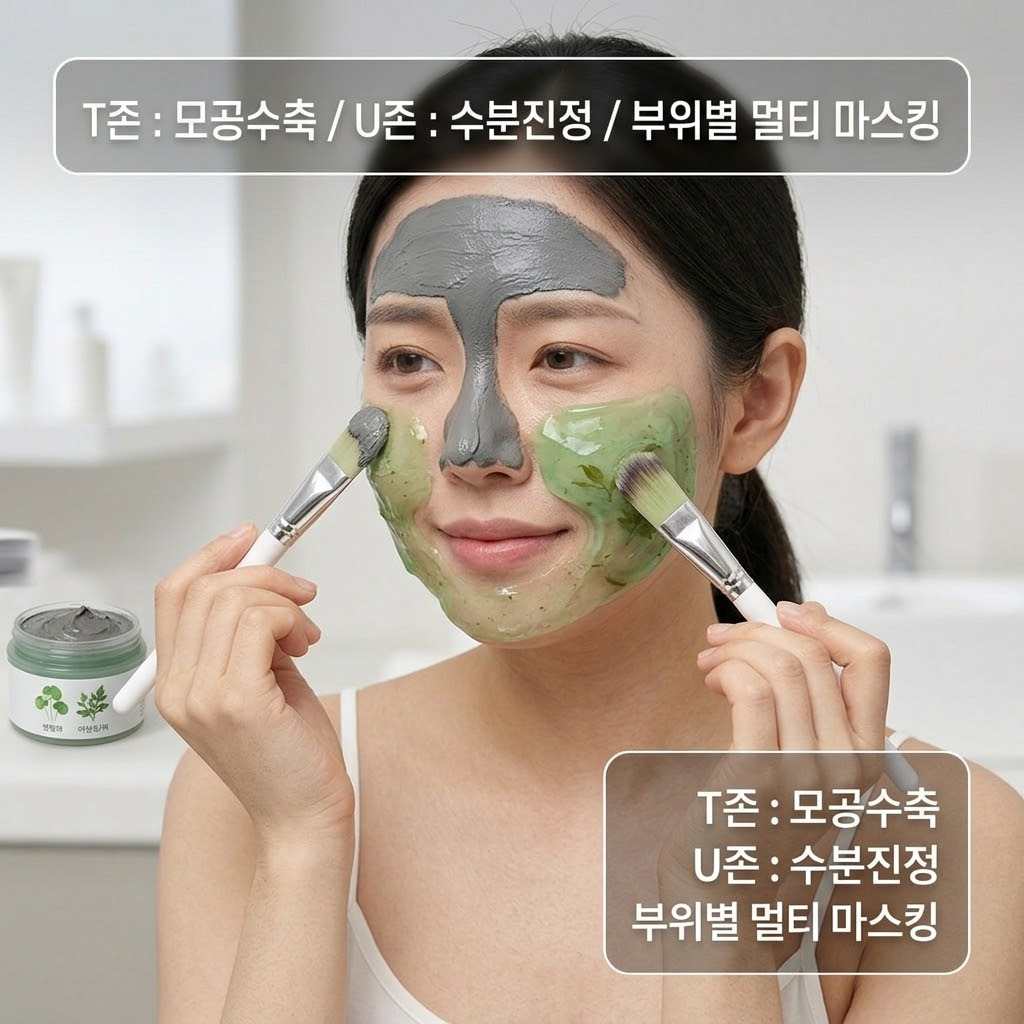워시오프팩 부작용을 줄이기 위해 T존과 U존에 서로 다른 팩을 사용하는 멀티 마스킹 방법을 설명하는 이미지