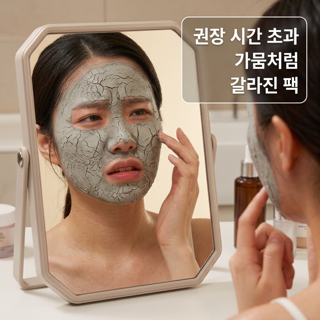 워시오프팩 부작용으로 팩이 과도하게 말라 갈라지고 피부가 건조해지는 모습을 설명하는 이미지