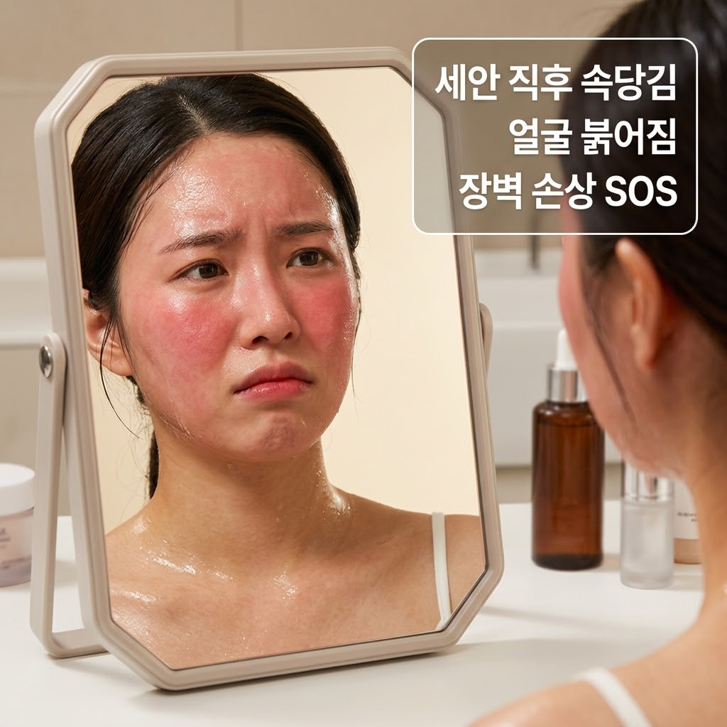 워시오프팩 부작용으로 세안 직후 얼굴 붉어짐과 심한 속당김이 나타난 피부 반응