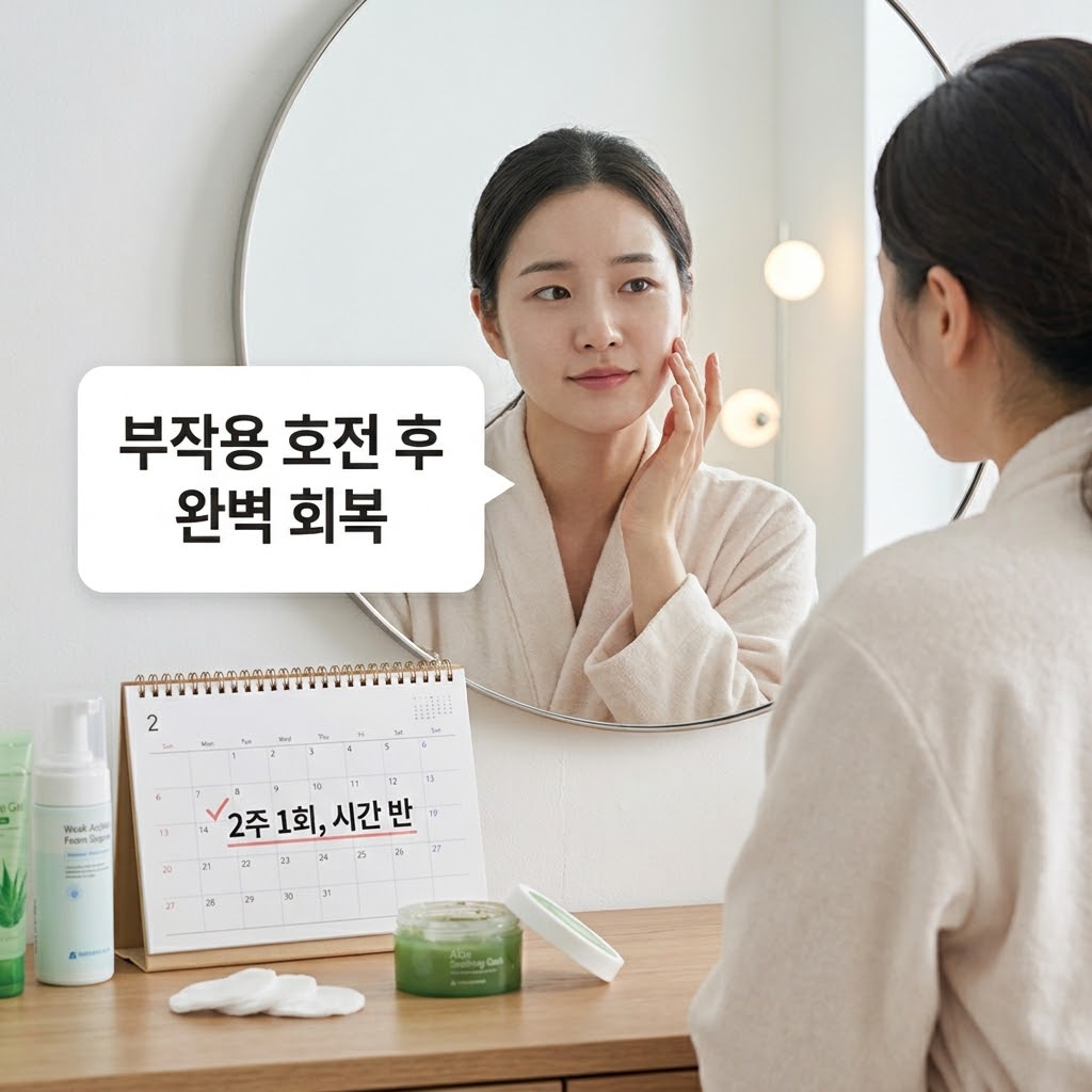 워시오프팩 부작용이 회복된 후 재사용 가능 여부를 피부 상태로 확인하는 기준을 설명하는 이미지