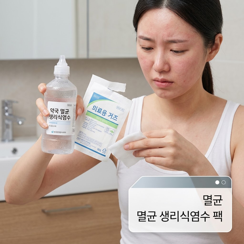 워시오프팩 부작용으로 붉어지고 화끈거리는 피부에 멸균 생리식염수 팩으로 즉각 진정하는 여성의 모습