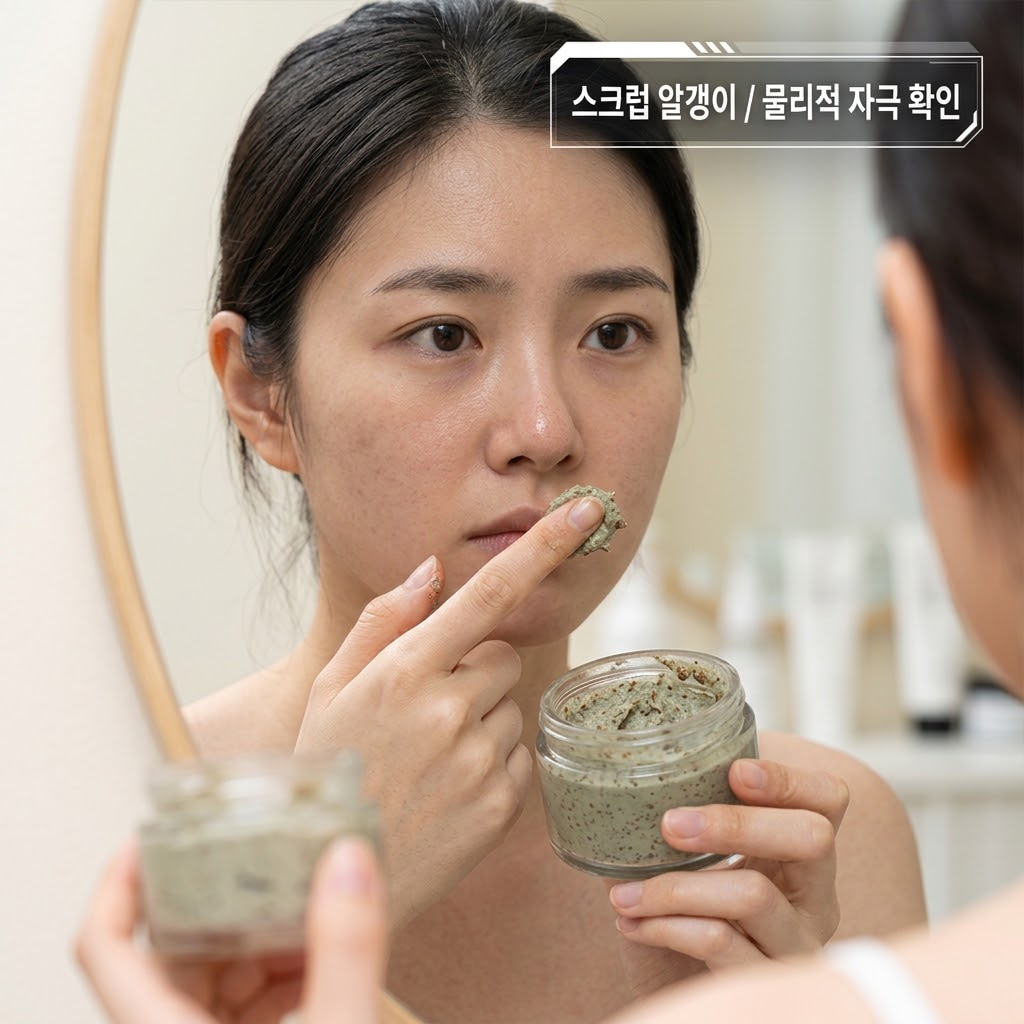워시오프팩 부작용을 줄이기 위해 스크럽 알갱이와 물리적 자극 성분을 확인하는 이미지