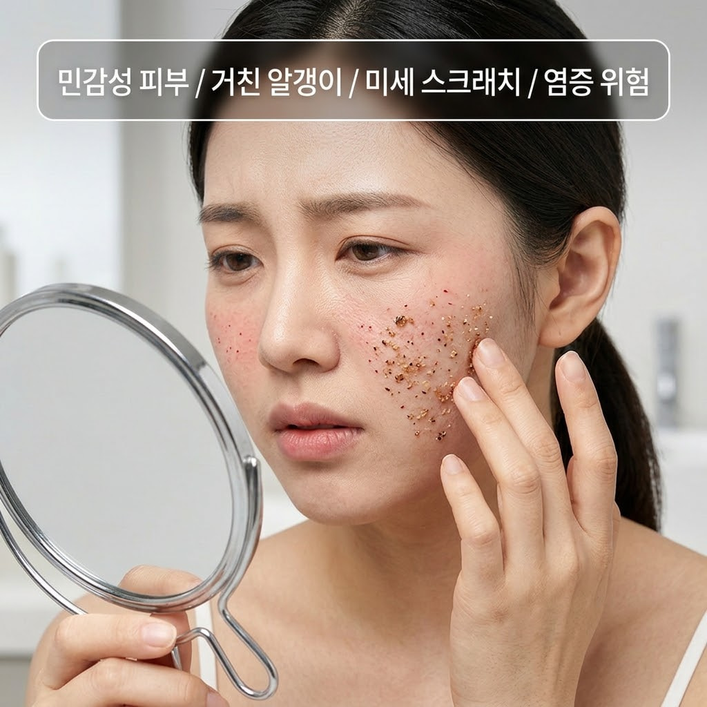 민감성 피부에서 거친 스크럽 알갱이로 인해 워시오프팩 부작용과 미세 스크래치가 발생하는 모습을 표현한 이미지