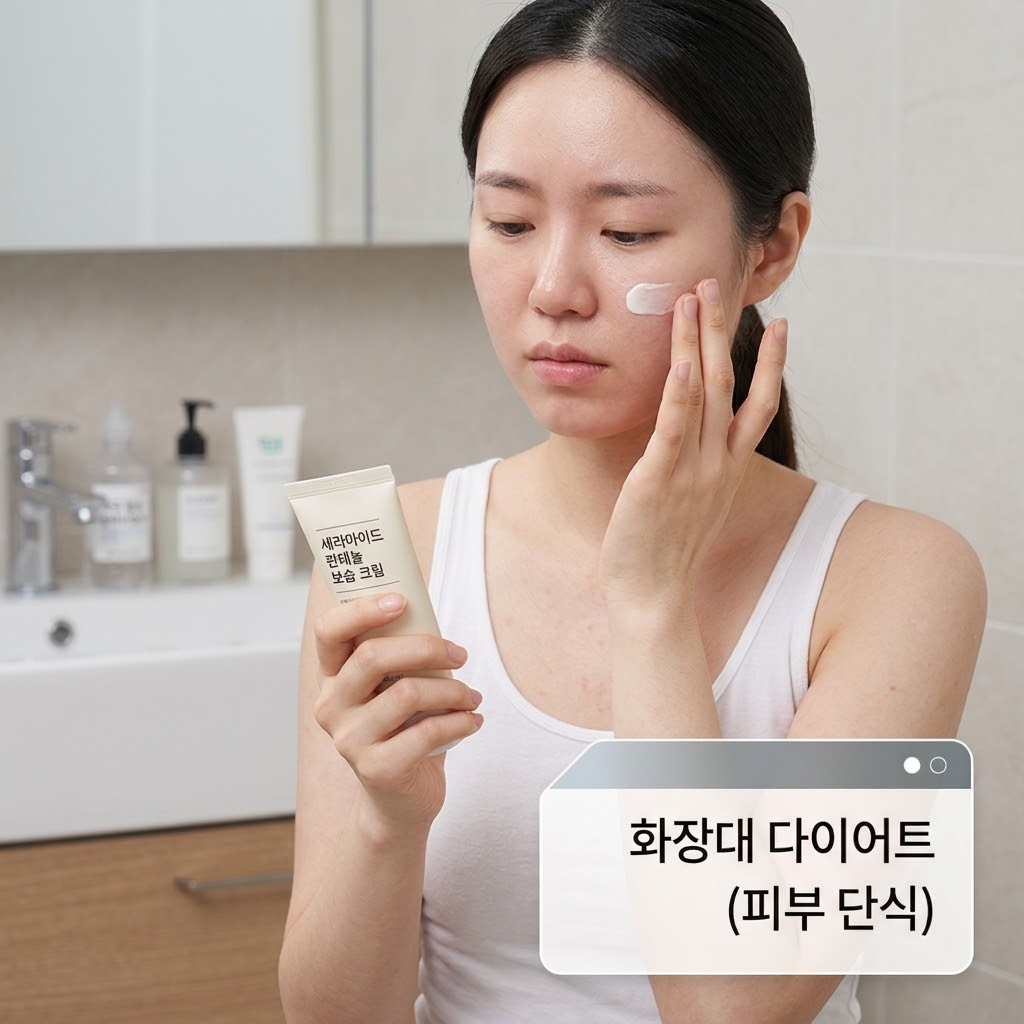워시오프팩 부작용으로 예민해진 피부를 위해 고기능성 화장품을 치우고 세라마이드 보습 크림 하나만 바르는 피부 단식 모습