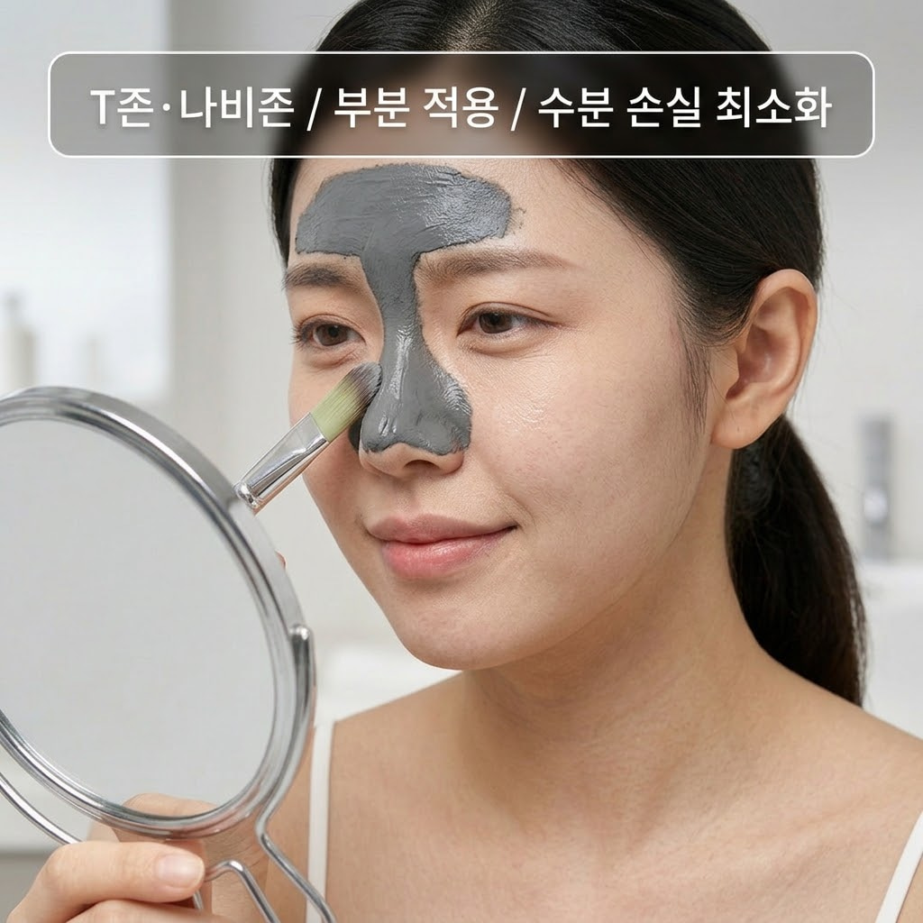 지성·복합성 피부에서 워시오프팩 부작용을 줄이기 위해 T존에만 부분 도포하는 방법을 설명하는 이미지