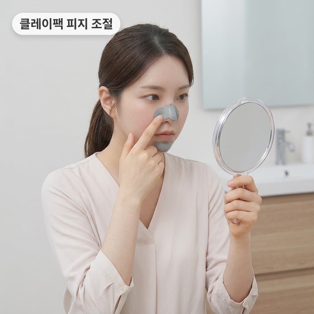 거울을 보며 피지 분비가 많은 티존 부위에 클레이 워시오프팩을 바르는 올바른 워시오프팩 사용법