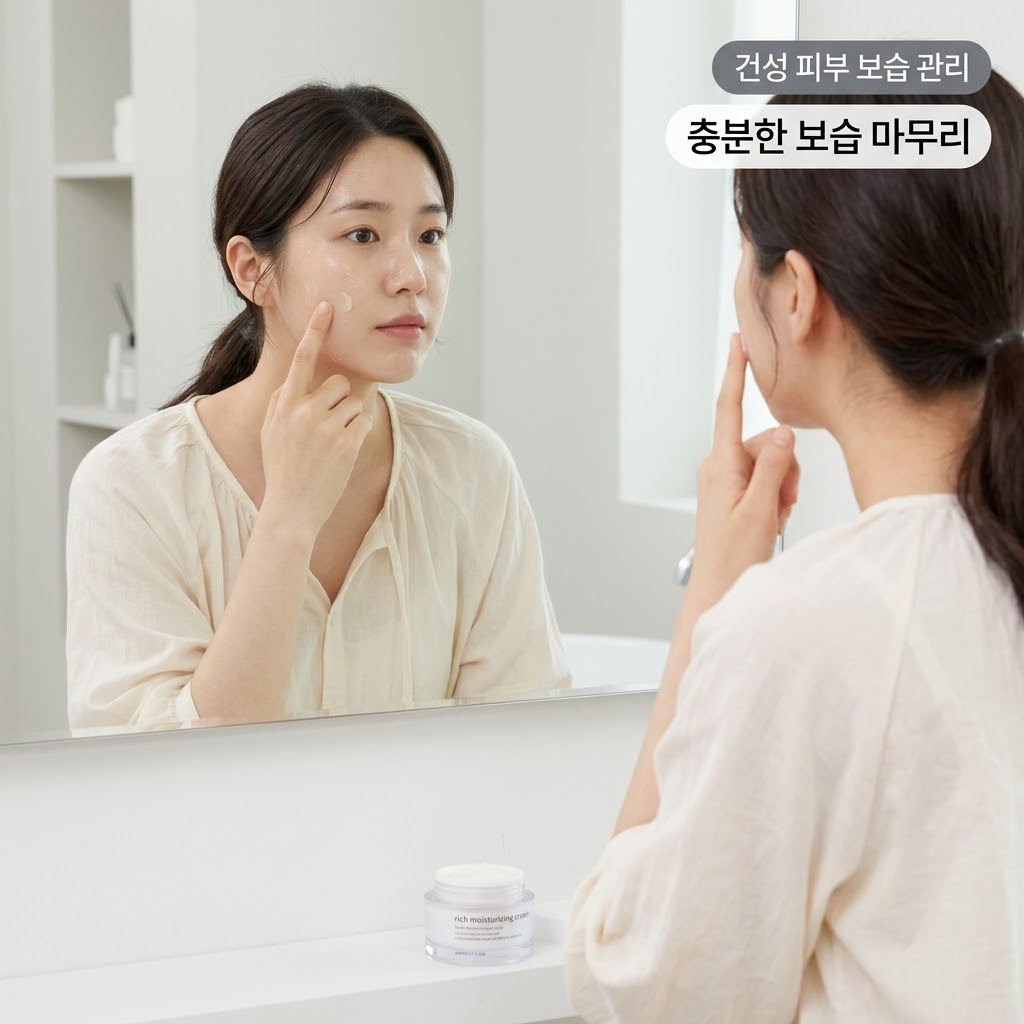 건성 피부 타입을 위한 워시오프팩 사용법 후, 거울을 보며 수분 크림을 충분히 발라 보습 마무리를 하는 모습