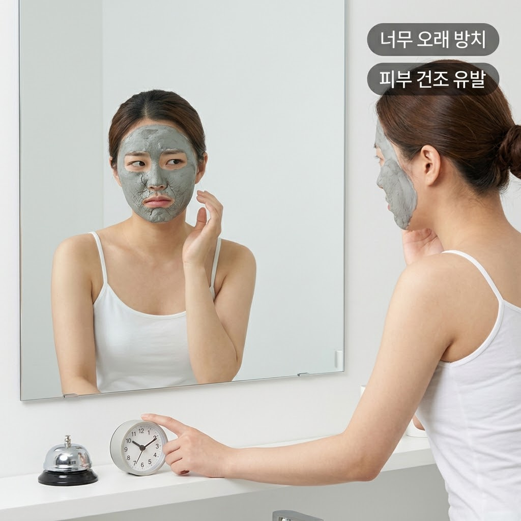 회색 클레이 마스크가 건조하게 갈라진 채 불편해하는 표정으로 타이머를 바라보는 워시오프팩 사용법 실수 장면
