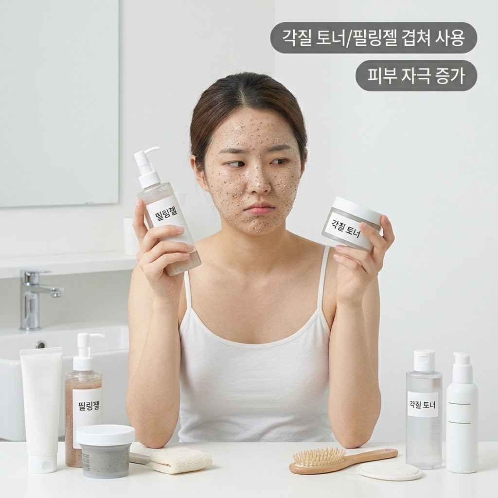 알갱이가 있는 팩을 한 상태에서 각질 토너와 필링젤을 함께 들고 고민하는 워시오프팩 사용법 실수 장면