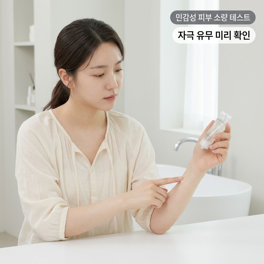 민감성 피부가 워시오프팩 사용법 전 자극 유무를 확인하기 위해 팔 안쪽에 소량의 팩을 발라 패치 테스트를 하는 모습