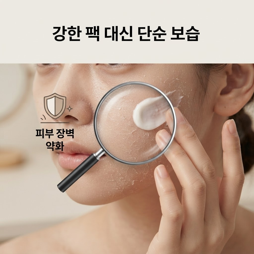 푸석하고 예민해진 피부 상태를 보여주는 클로즈업과 강한 팩 대신 단순 보습 권장.
