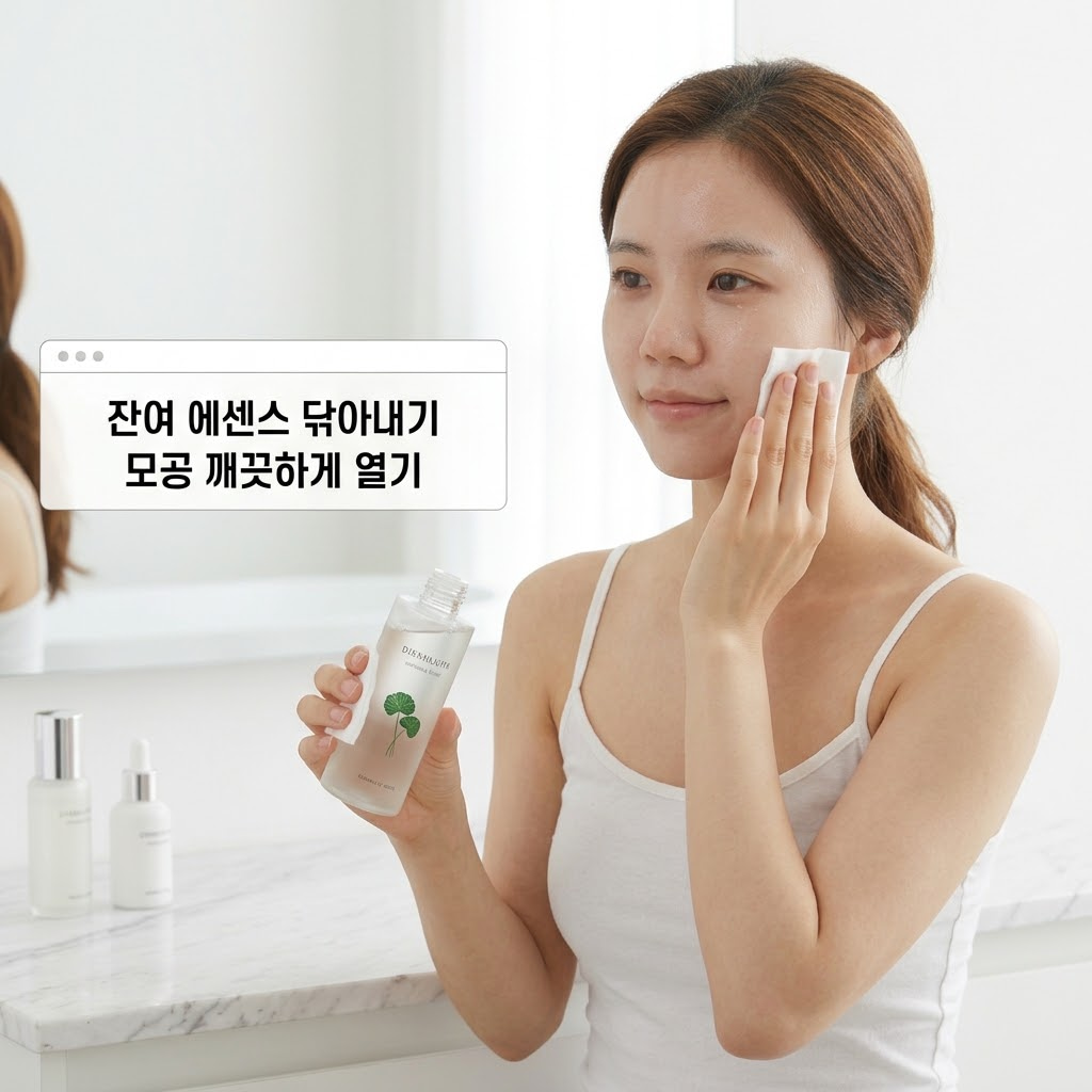 콜라겐 팩을 떼어낸 직후 모공을 덮은 끈적한 잔여 에센스를 무작정 두드리지 않고, 진정 토너를 듬뿍 묻힌 화장솜으로 가볍게 닦아내어 모공을 청결하게 유지하는 모습