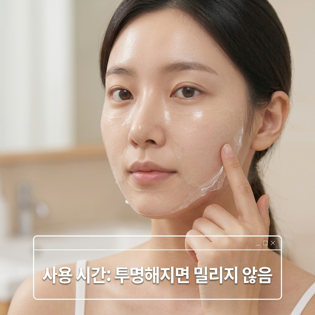 은은한 실내 조명의 화장대. 두 개의 사람 손 중 한 손은 15~30분 경과 후 불투명했던 제형이 투명하게 변한 볼 표면을 가볍게 톡톡 두드려보고 있고, 다른 한 손은 깔끔하게 정돈된 스마트폰 타이머 화면을 잡고 있다. 화장대 한쪽에는 계량컵 없는 스테인리스 믹싱 볼이 단정하게 놓여 있다.