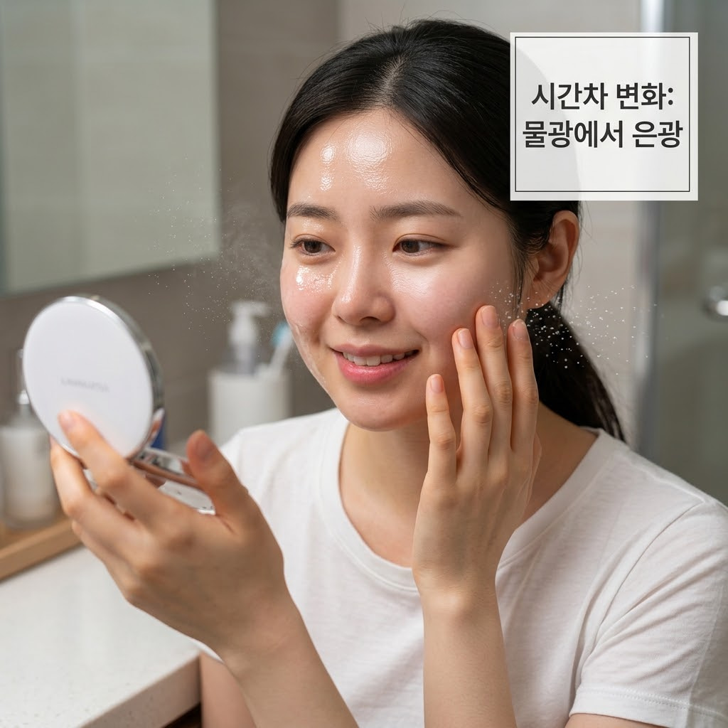 은은한 아침 햇살이 드는 화장대 위. 맑은 투명 유리 소재의 '계량컵 없는 믹싱 볼'이 한쪽에 스킨케어 소품으로 단정하게 놓여 있고, "두 개의 사람 손"이 아침 세안 직후 밤사이 속보습이 스며들어 촉촉하고 매끈해진 얼굴 피부결을 손끝으로 가볍게 쓸어내리며 유지된 광채를 확인하는 디테일한 터치 액션.