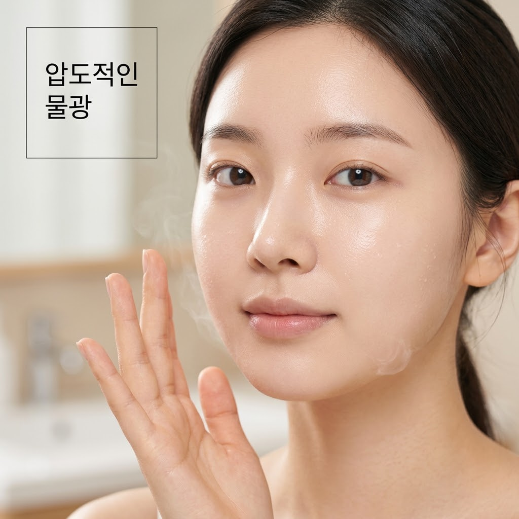 밝은 조명의 화장대 앞. 두 개의 사람 손 중 한 손은 투명한 랩핑 마스크 팩을 부드럽게 떼어내고 있고, 다른 한 손은 팩 아래로 드러난 반짝이는 물광 피부의 볼 부위를 살짝 짚고 있다. 화장대 한편에는 계량컵 없는 깨끗한 투명 유리 믹싱 볼이 놓여 있다.